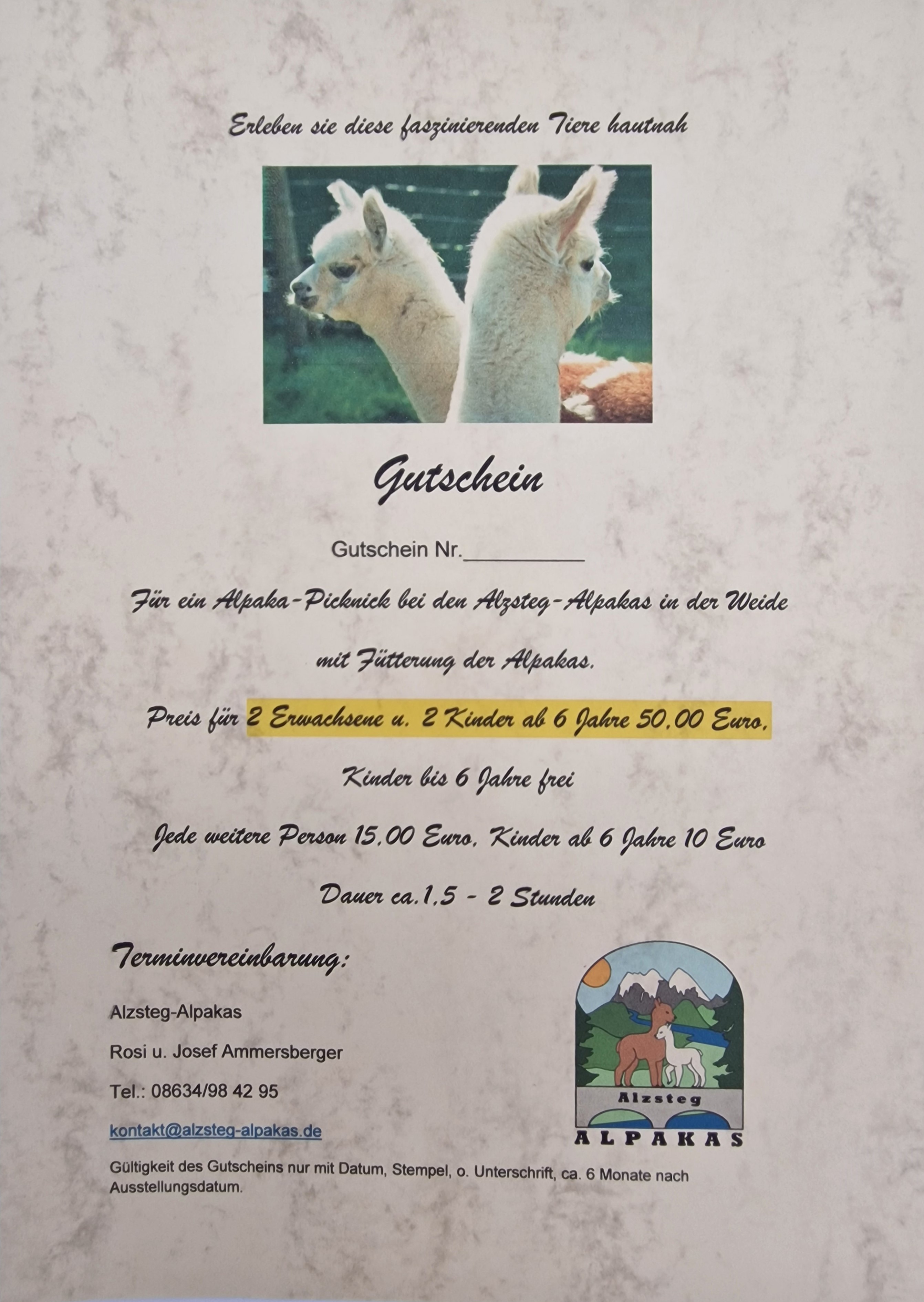 Alzsteg-Alpakas | Gutschein für ein Alpaka - Picknick