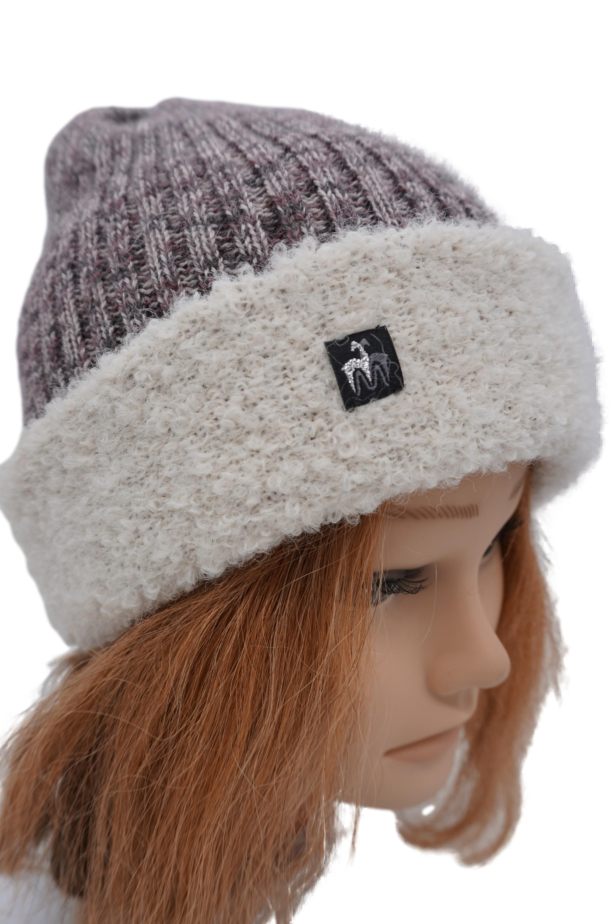 ALPAKASHOP-BAYERN | Alpaka-Boucle Mütze mit Umschlag, 2lagig gestrickt