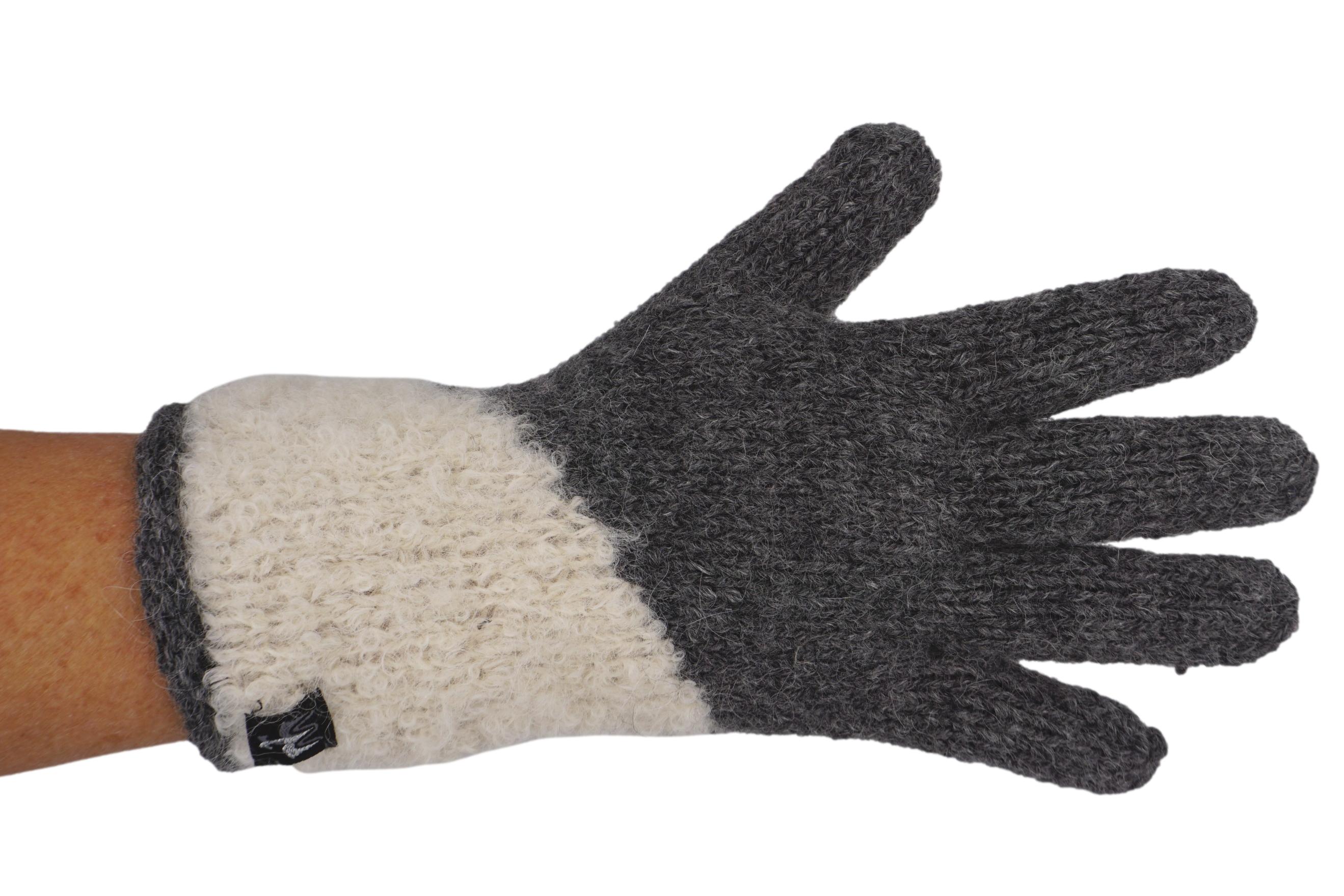 Fingerhandschuhe mit Boucle - Einsatz aus Baby-Alpaka-Wolle Farbe: Anthrazit-Weiß, Grau-Beige