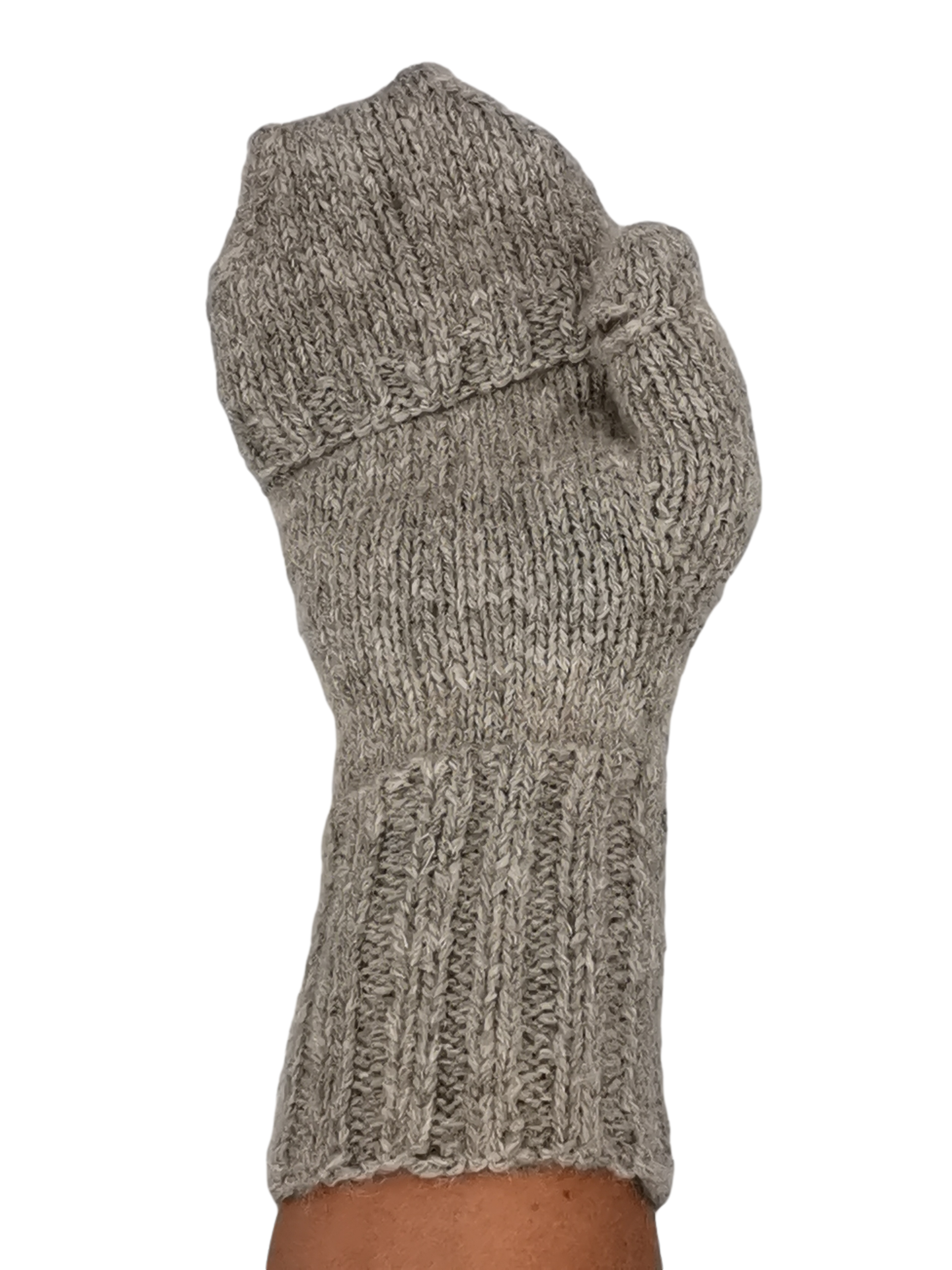 Hochwertige, Handschuhe, Pulswärmer mit angestrickten Fingern, Daumen und Kapuze aus Babyalpaka Farbe: Hellgrau | Handmade by Millwa